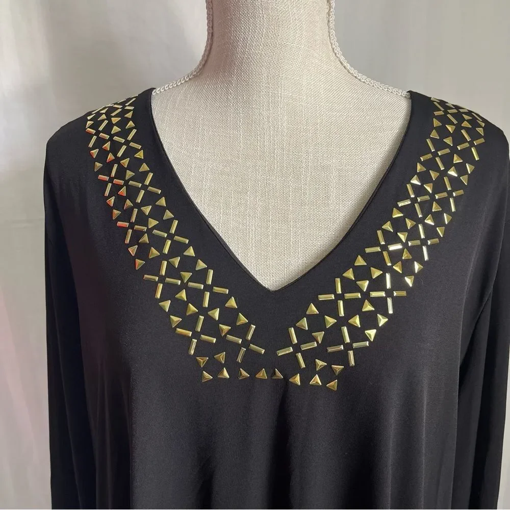 Carmen Marc Valvo Black Pullover Blouse Gold Embellished V-Neck Women’s Plus 2X - Picture 5 of 10